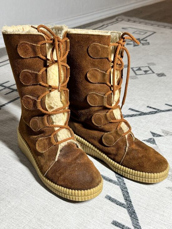 Unbranded Shoes - VTG 70s Winter Boots Brown Suede Shearling Lace Up Size 10 Apres Ski Made in USA